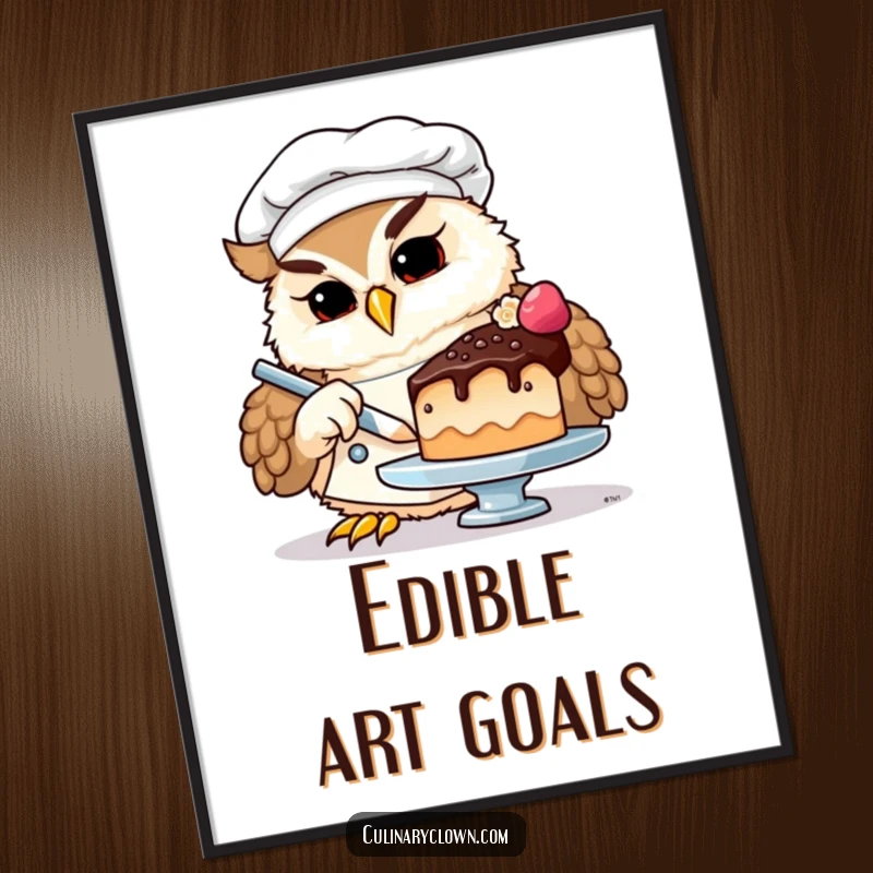 Funny owl chef digital art print of an owl in a chef's hat, intensely focused on decorating a minuscule, intricate cake.