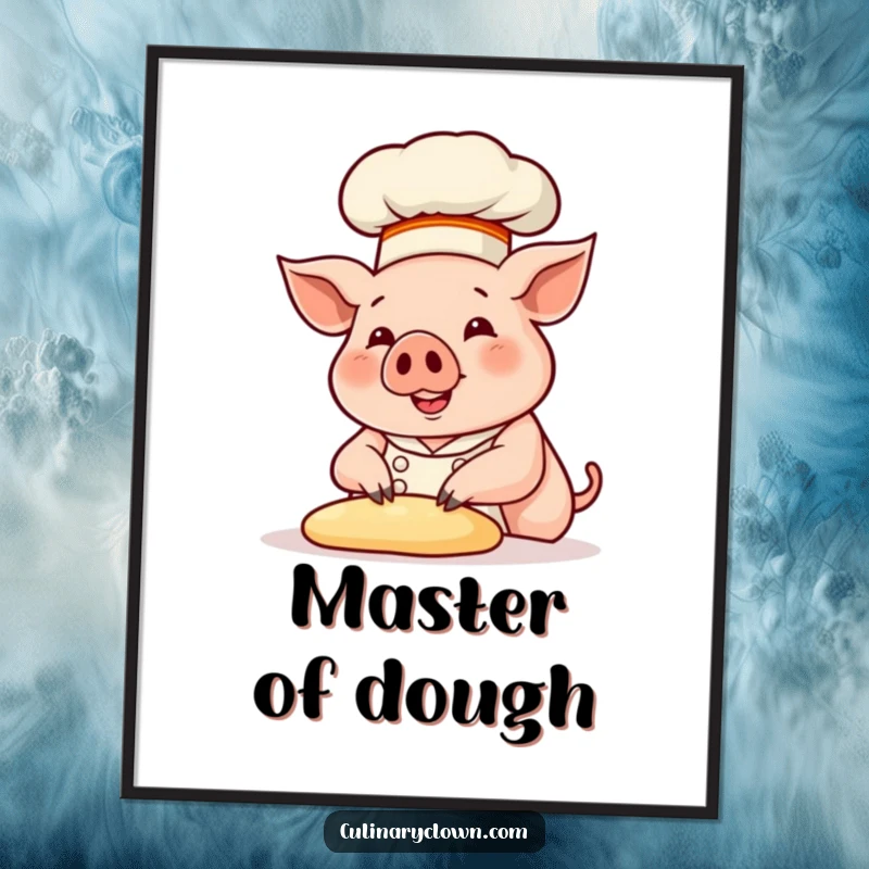 Funny pig chef in a tall hat, kneading dough, humorous digital art print, perfect for kitchen walls and chefs.