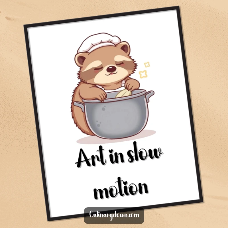 Funny sloth chef digital art print showing a sleepy character slowly stirring a pot, ideal for instant humorous decor.
