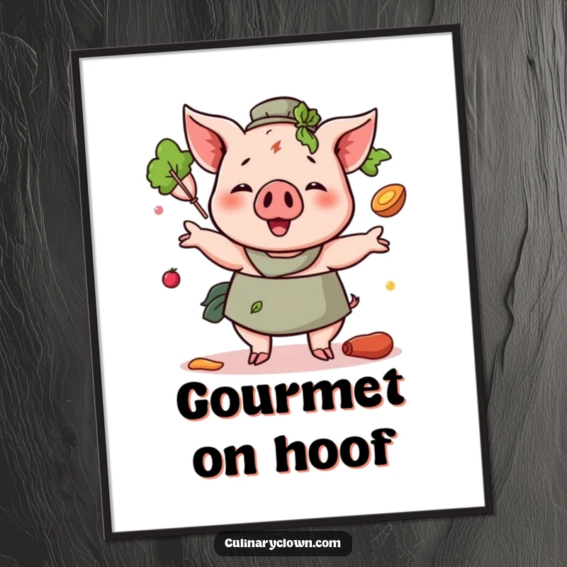 Funny Pig Juggling Ingredients Digital Art Print of a happy pig character juggling food items, suitable for instant download and printing.