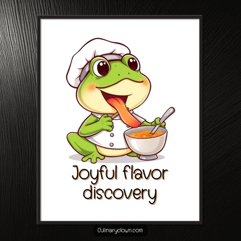 Funny frog chef digital art print of a joyful character tasting soup, ideal for instant happy decor.