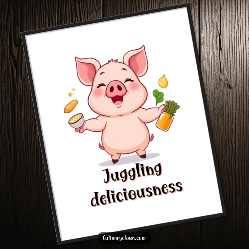 Funny digital art of a cheerful pig character expertly juggling various cooking ingredients with a wide smile.