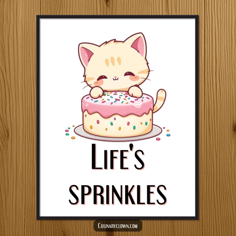 Funny digital art print showing a playful cat character decorating a cake with sprinkles, perfect for kitchen decor.
