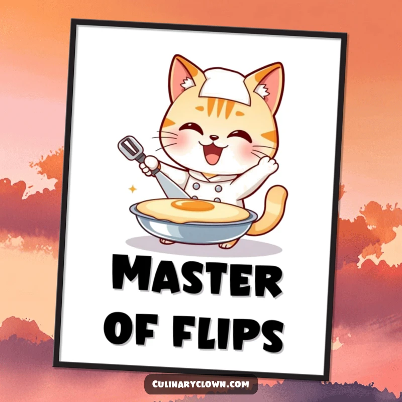 Funny smiling cat chef character enthusiastically attempting to flip a giant pancake, available as a downloadable funny art print.