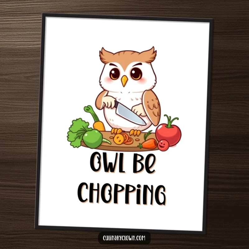 Funny digital art print showing a happy owl character precisely chopping vegetables, perfect for kitchen decor.