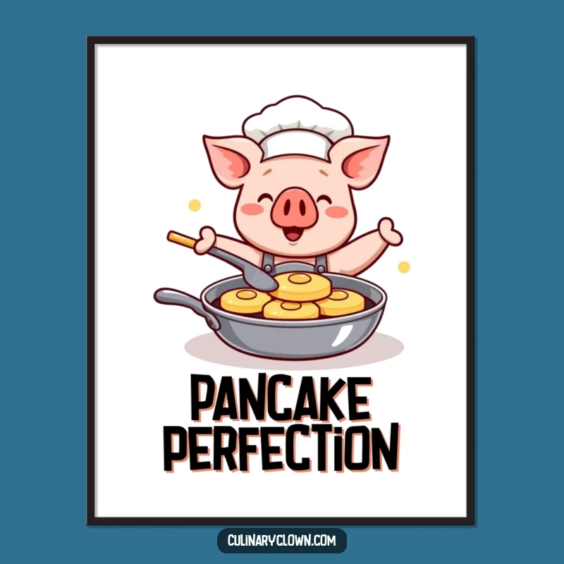 Funny Kawaii Pig Chef Digital Art: Happy Pancake Flipping Printable, Perfect Funny Gift