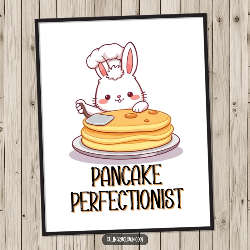 Funny digital art print of a fluffy bunny chef proudly flipping a massive pancake with a spatula, ready to serve.