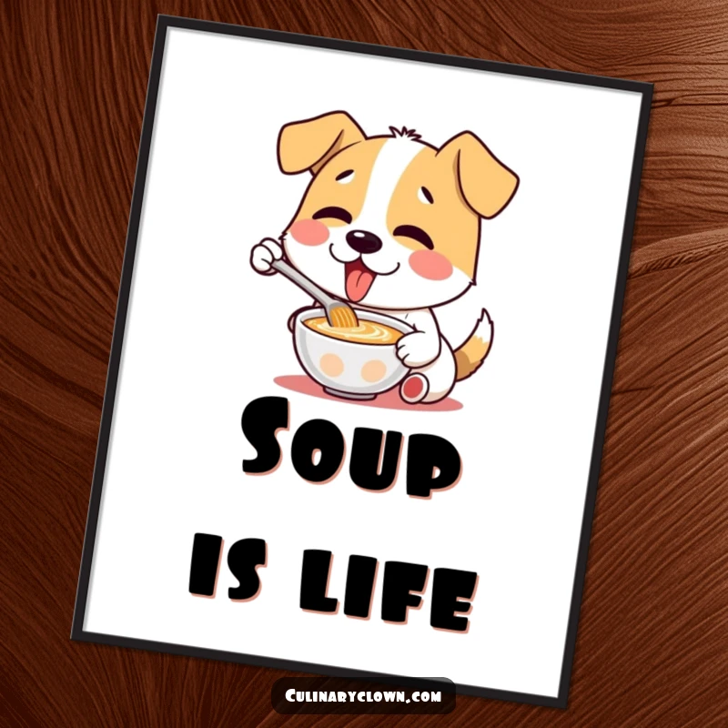 Funny digital art of a dog character with eyes closed in delight, enthusiastically tasting a bowl of soup.