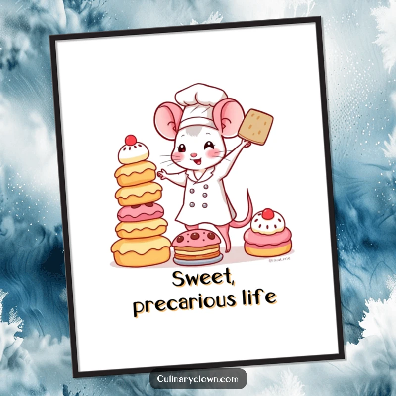 Funny Kawaii Mouse Chef Digital Art Print: A cute mouse chef is precariously balancing a tall tower of colorful pastries, ready to be printed and displayed.