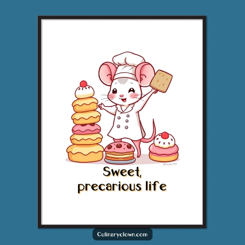 Funny Kawaii Mouse Chef Digital Art: Adorable Pastry Balance Print, Instant Funny Gift Download