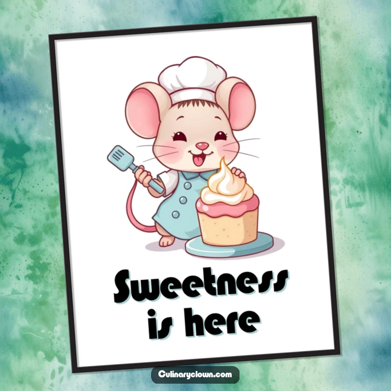 Funny Kawaii Mouse Chef Digital Art Print: Cute mouse chef illustration decorating cake, perfect for decor.