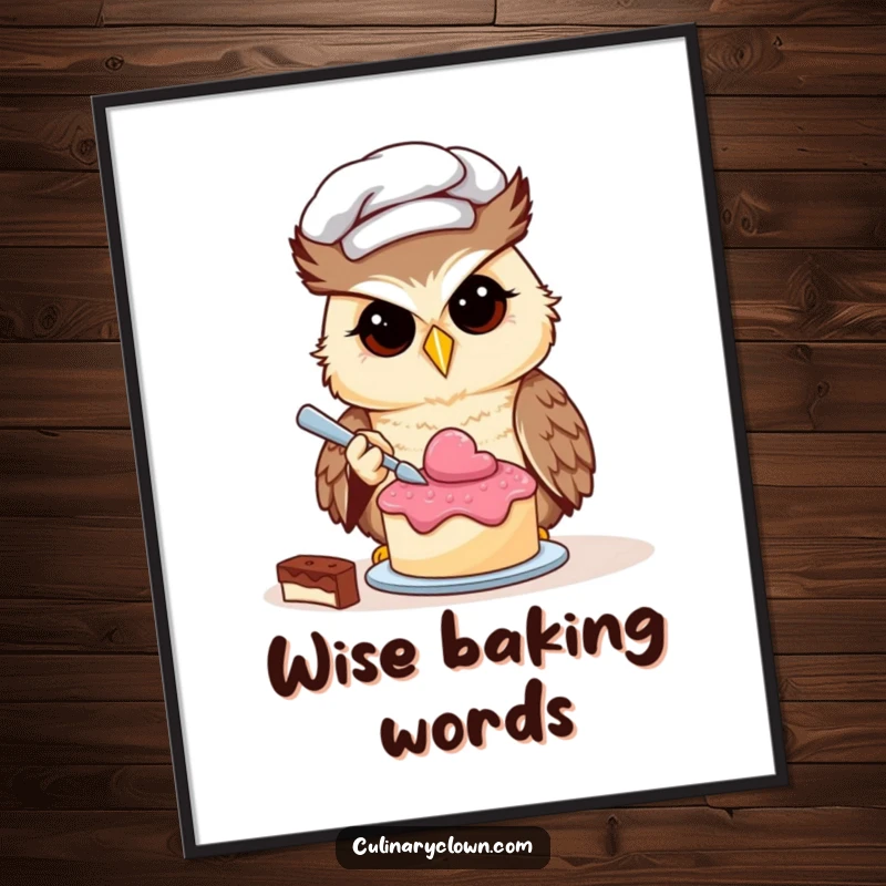 Funny owl chef character focused on decorating a tiny cake, high-res digital download art.