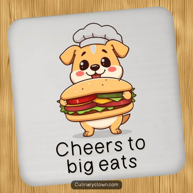 Funny Kawaii Dog Chef Drink Coaster: Cute dog chef presenting a sandwich, protecting surfaces with charm.