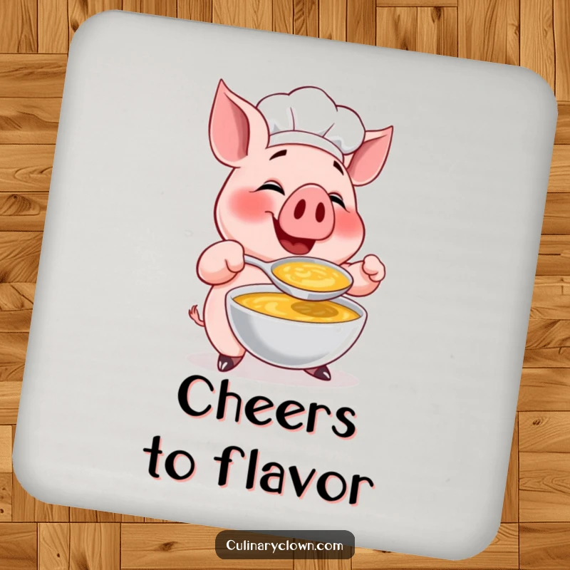Funny coaster featuring a happy pig chef character gleefully tasting soup, adding a delightful touch to drink settings.