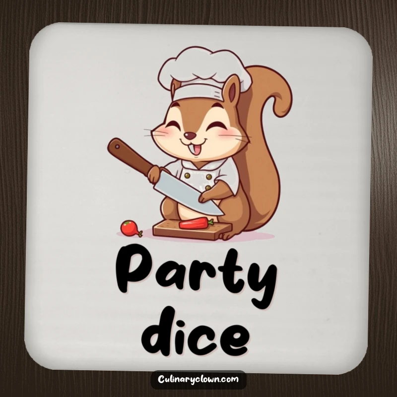 Funny chef squirrel in the act of chopping, illustrated on humorous and protective drink coasters.