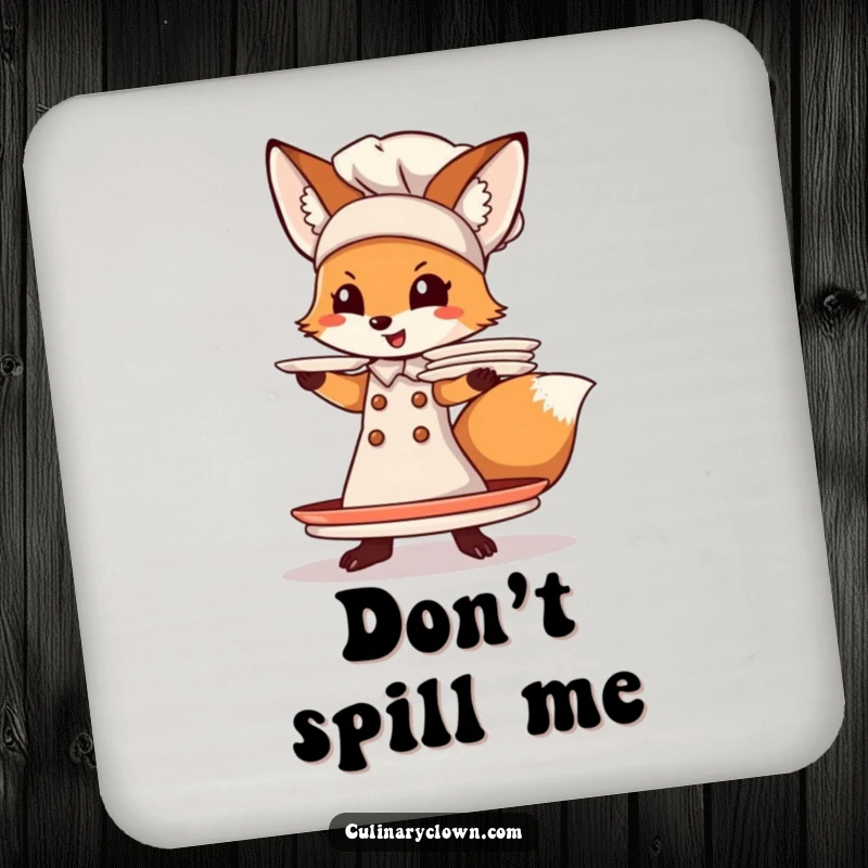 Funny Fox Chef Drink Coasters: A funny fox chef balancing plates, protecting your surfaces with a dose of kitchen comedy.