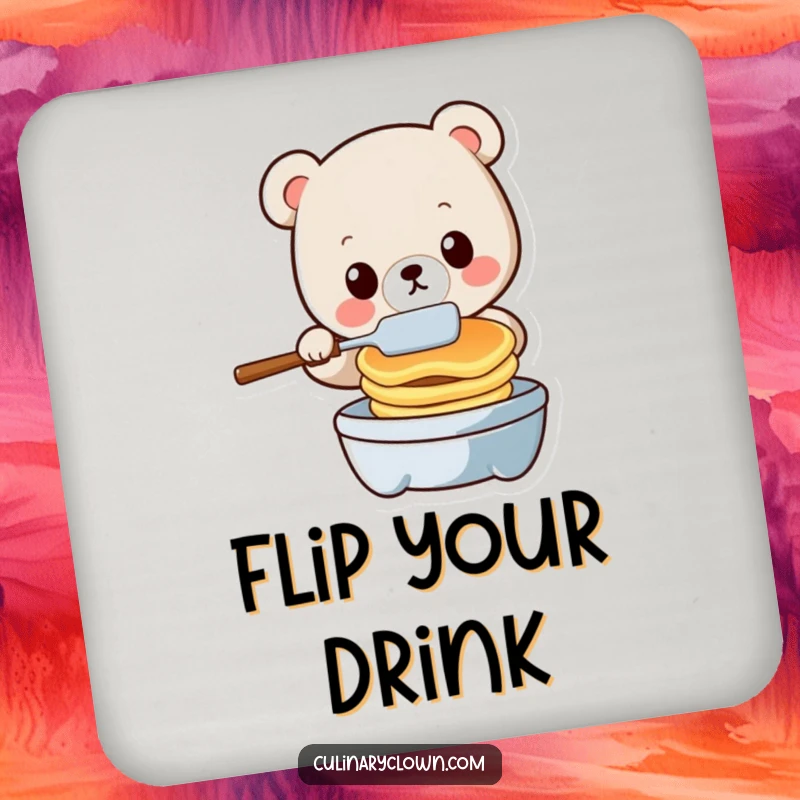 Funny kawaii bear character flustered mid-pancake flip on a drink coaster, preventing spills with humor.