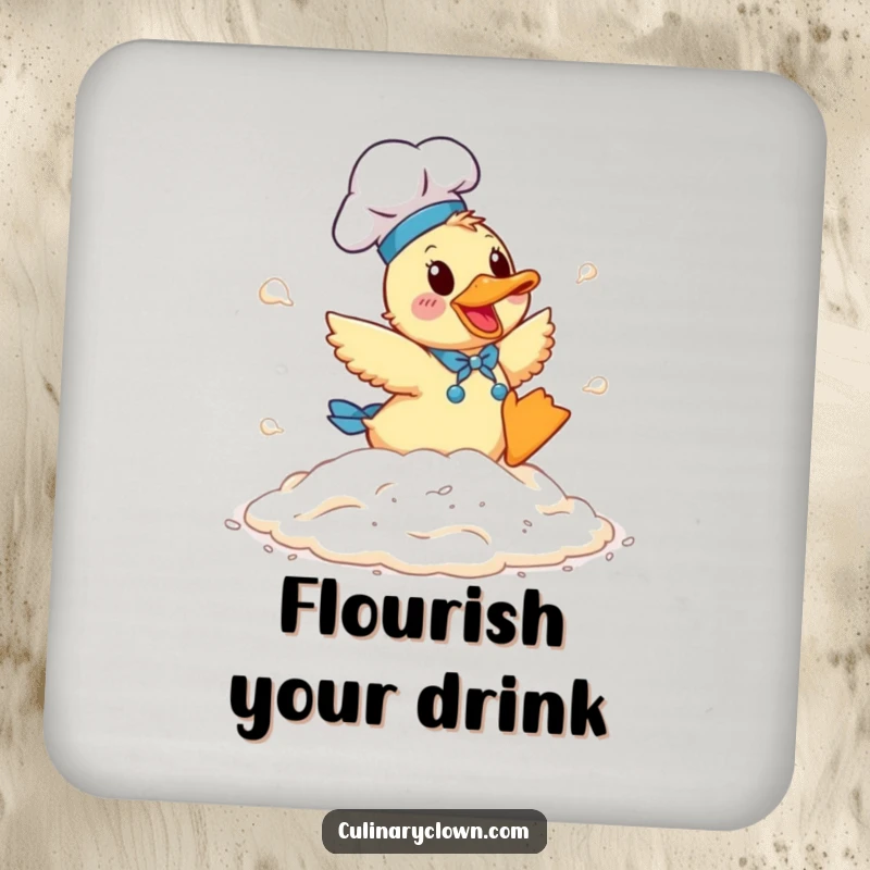Funny Duck Chef Drink Coaster: A duck chef tumbling in flour, protecting tables with humor.