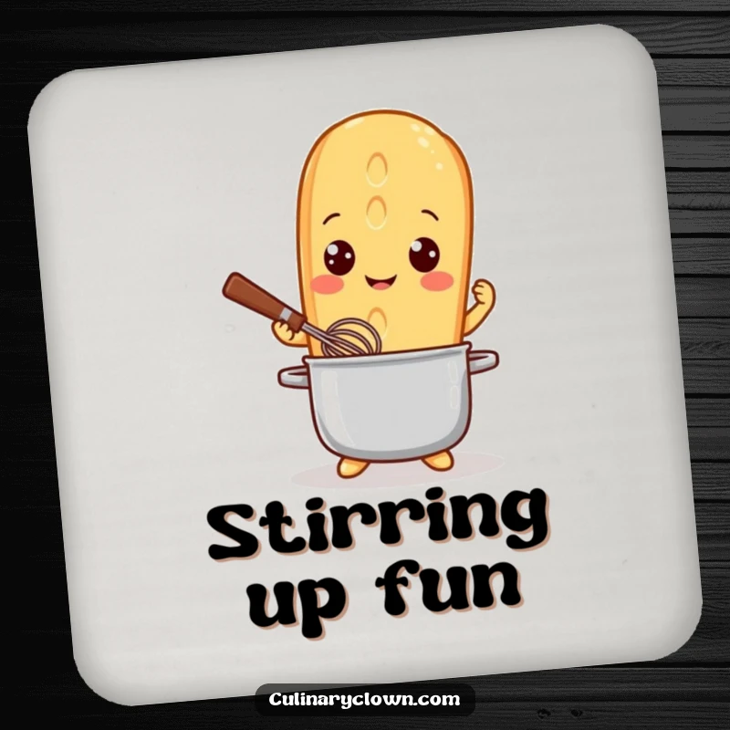 Funny Drink Coaster showcasing a playful baguette character with bright eyes, cheerfully whisking, adding kitchen flair to any table.