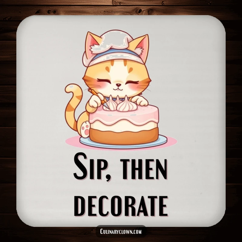 Funny drink coaster featuring a mischievous cat chef artfully decorating a cake, protecting surfaces with a splash of humor.