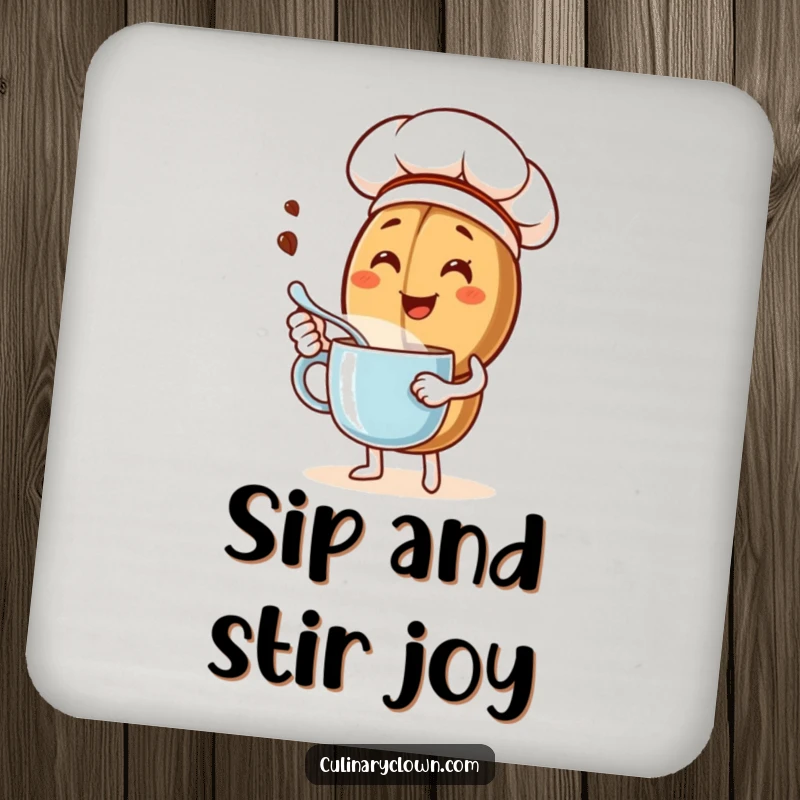 Funny coaster with a happy coffee bean chef character stirring a mug, protecting furniture with a dose of brewing humor.