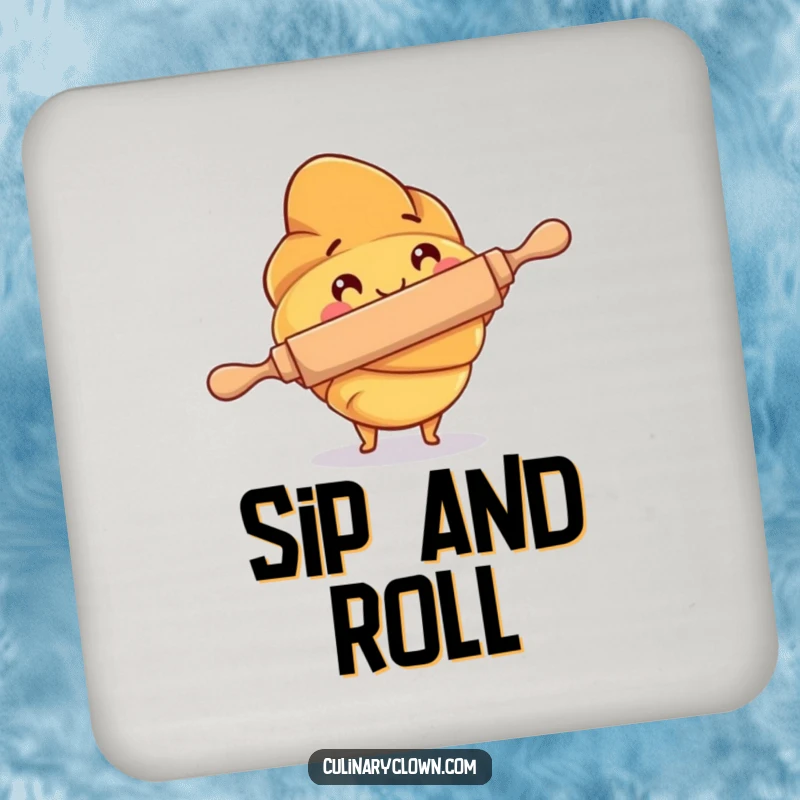 Funny Drink Coaster with a croissant character focused on using a rolling pin, adding a baking and humorous touch to drink service.