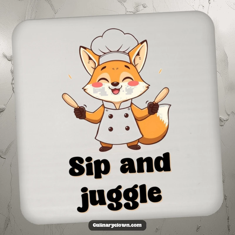 Funny fox chef juggling rolling pins with a grin on a protective drink coaster.