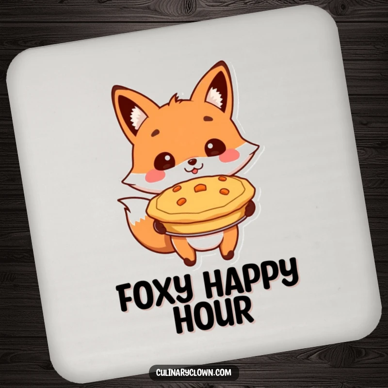Funny drink coaster of a cheerful fox character proudly presenting a baked pie, adding dessert humor.
