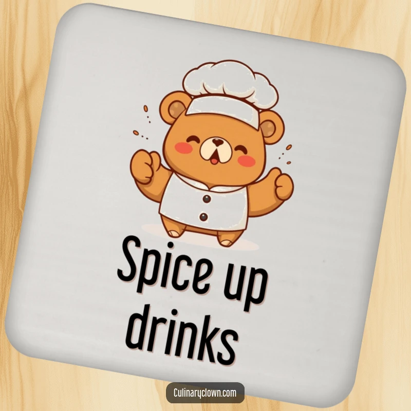 Funny kawaii bear chef triumphantly sprinkling seasoning, designed as a humorous coaster to protect surfaces from drinks.