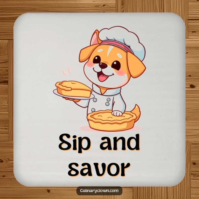 Funny Kawaii Dog Chef Coaster: An excited dog chef holding a pie on a coaster, offering protection with charm.