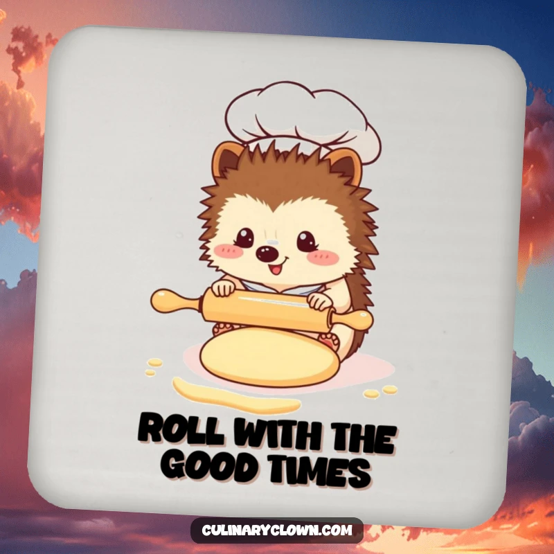 Funny Kawaii Hedgehog Chef Coaster: A cute hedgehog chef uses a tiny rolling pin on dough, serving as a charming drink coaster.
