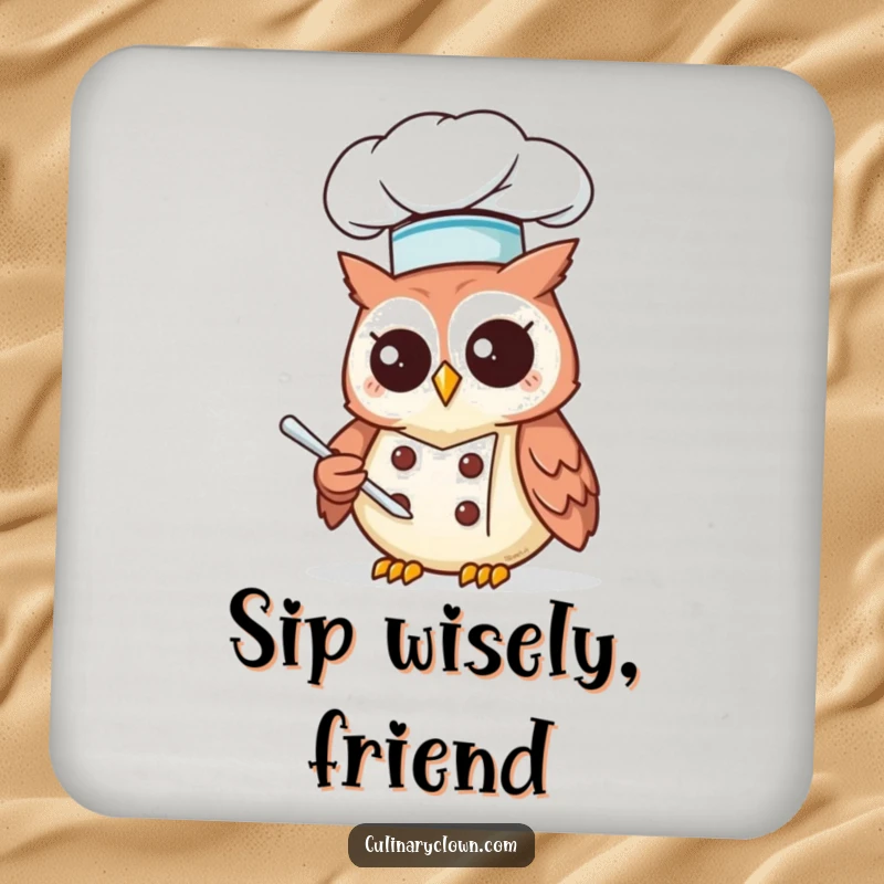 Funny Kawaii Owl Chef Drink Coaster: Adorable owl chef protecting surfaces, great for kitchen counter humor.