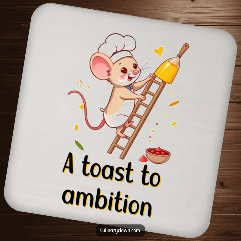 Funny mouse chef coaster with a brave mouse climbing for spices, protecting surfaces with humorous bravery.