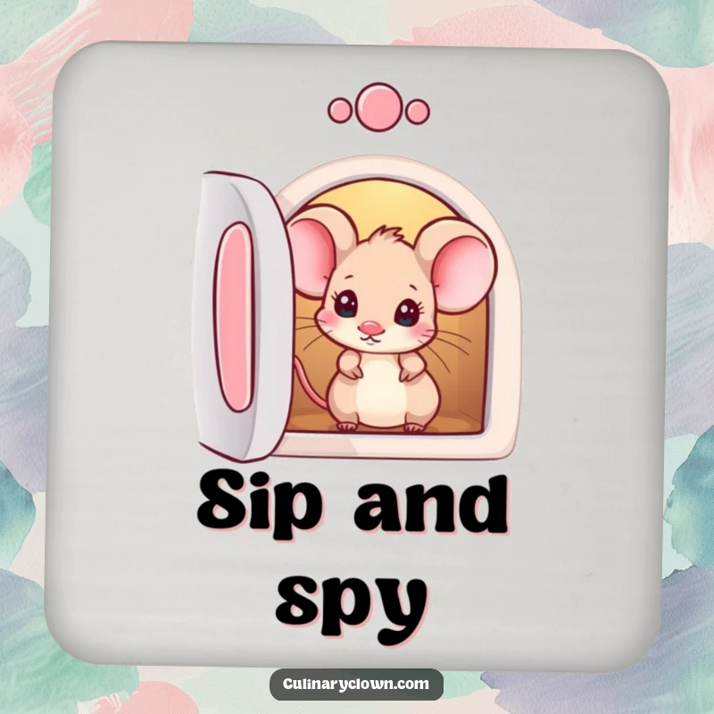 Funny drink coasters featuring a curious mouse character peeking into an oven, adding humor to beverage service.