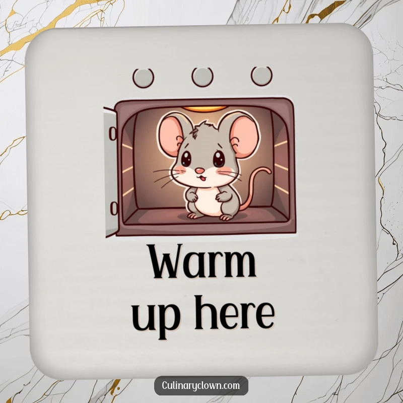Funny drink coasters depicting a mouse character curiously peeking into an oven, adding baking charm.