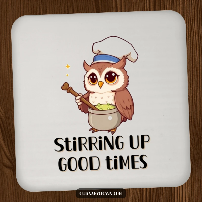 Funny Drink Coasters featuring a curious owl chef stirring a bubbling potion, protecting surfaces with magical humor.