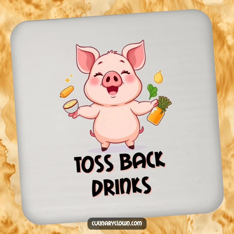 Funny drink coasters depicting a cheerful pig juggling ingredients, adding a touch of kitchen humor.