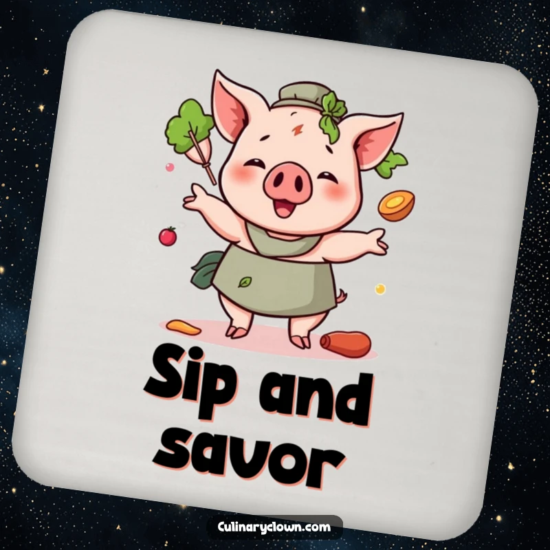 Funny Pig Juggling Ingredients Coaster featuring a cheerful pig character in a juggling act, protecting surfaces with humor.