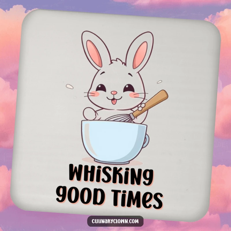 Funny drink coaster of a smiling rabbit character whisking batter with a large spoon, adding baking humor.