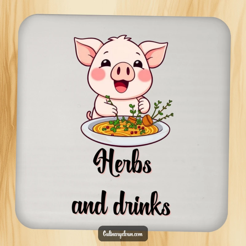 Funny kawaii pig character garnishing a dish on a drink coaster, protecting surfaces with style.