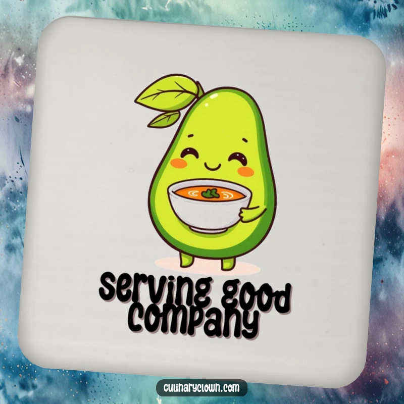 Funny Drink Coasters featuring a happy avocado serving a tiny soup bowl with flair, protecting surfaces with healthy humor.
