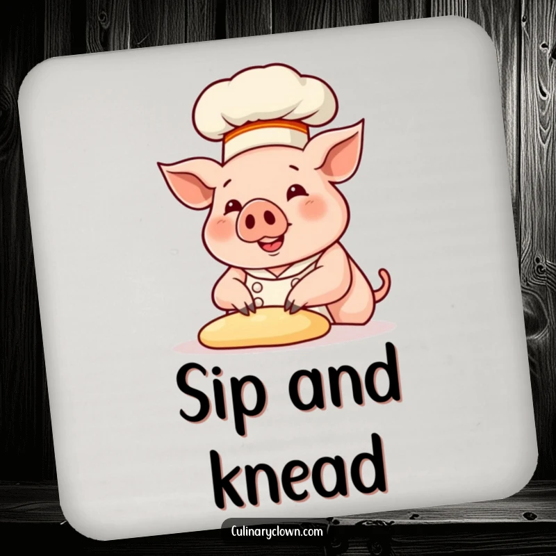 Funny pig chef kneading dough, a cute and humorous design on a drink coaster, perfect for kitchen tables.