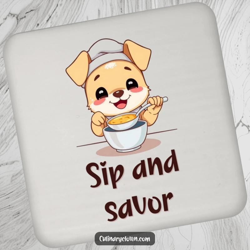 Funny drink coaster featuring a gleeful puppy chef happily tasting soup, offering surface protection with a burst of cuteness.