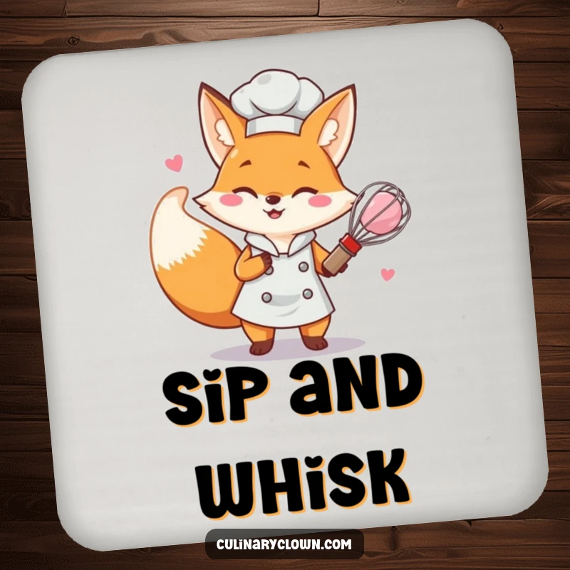 Funny determined fox chef character whisking pink batter on a protective drink coaster.