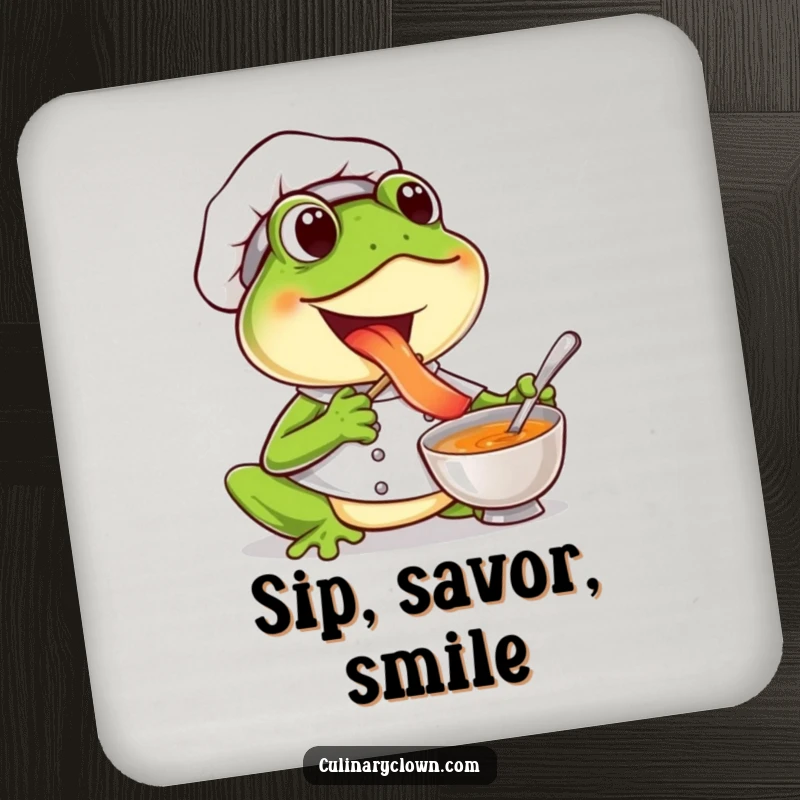 Funny frog chef coaster with a joyful frog tasting soup, protecting surfaces with happy humor.