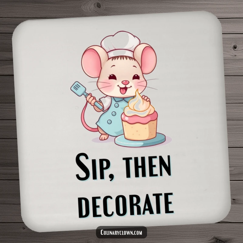 Funny Kawaii Mouse Chef Drink Coaster: Cute mouse chef decorating cake, protecting surfaces with charm.
