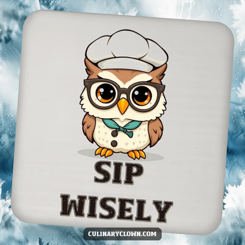 Funny Kawaii Owl Chef Coasters: Cute, wise owl chef characters with glasses perched on their beaks, adding scholarly decor.