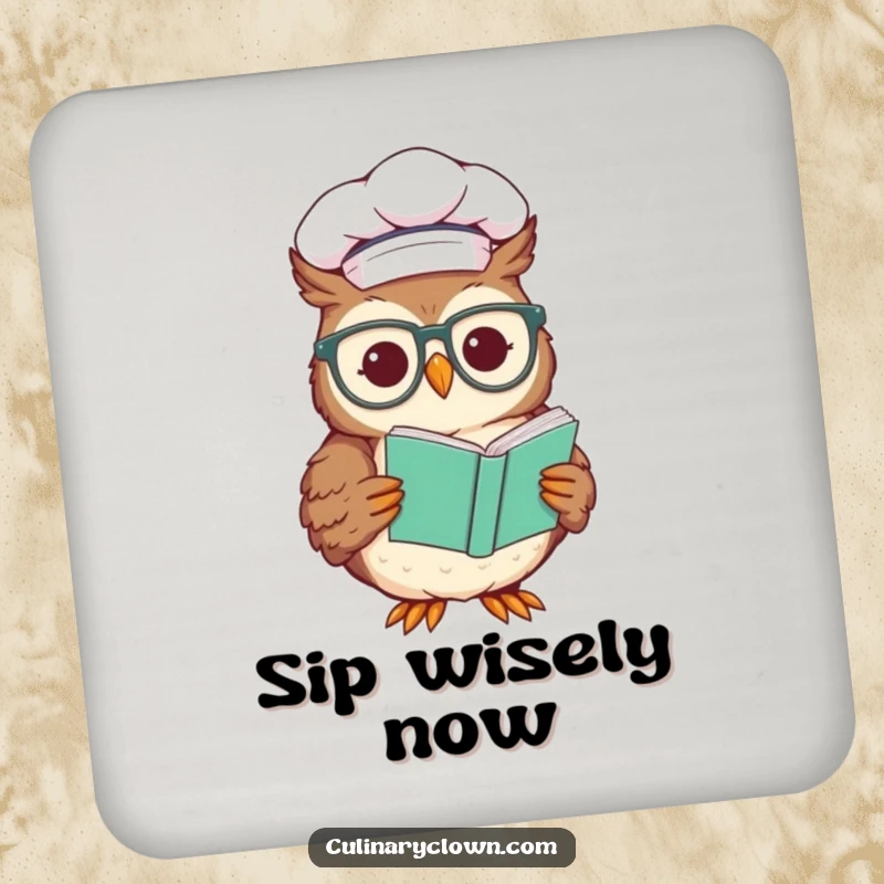 Funny drink coaster with a wise chef owl wearing glasses and reading a recipe, protecting surfaces with humorous wisdom.
