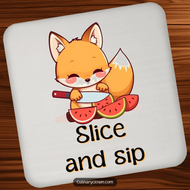 Funny kawaii fox character slicing fruit on a drink coaster, protecting surfaces with natural style.