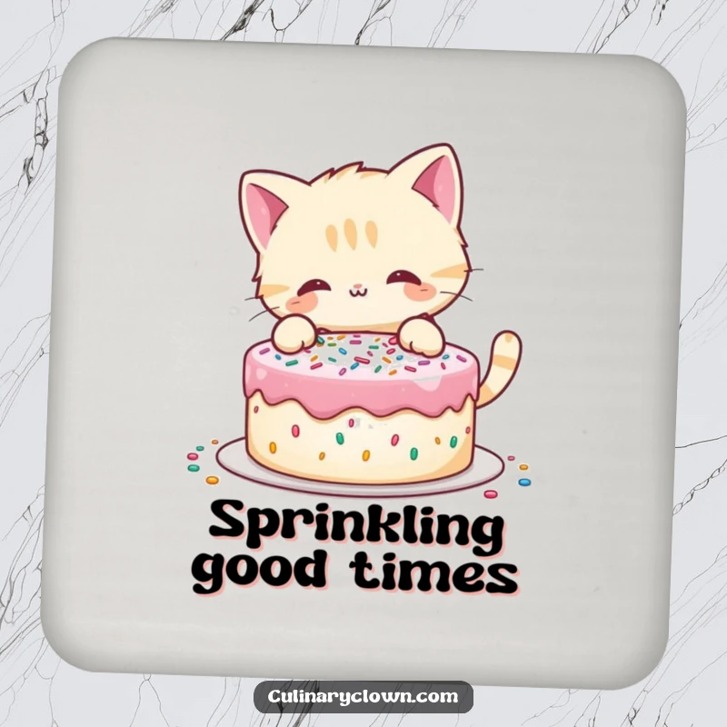 Funny drink coaster of a playful cat character decorating a cake with sprinkles, adding dessert humor.